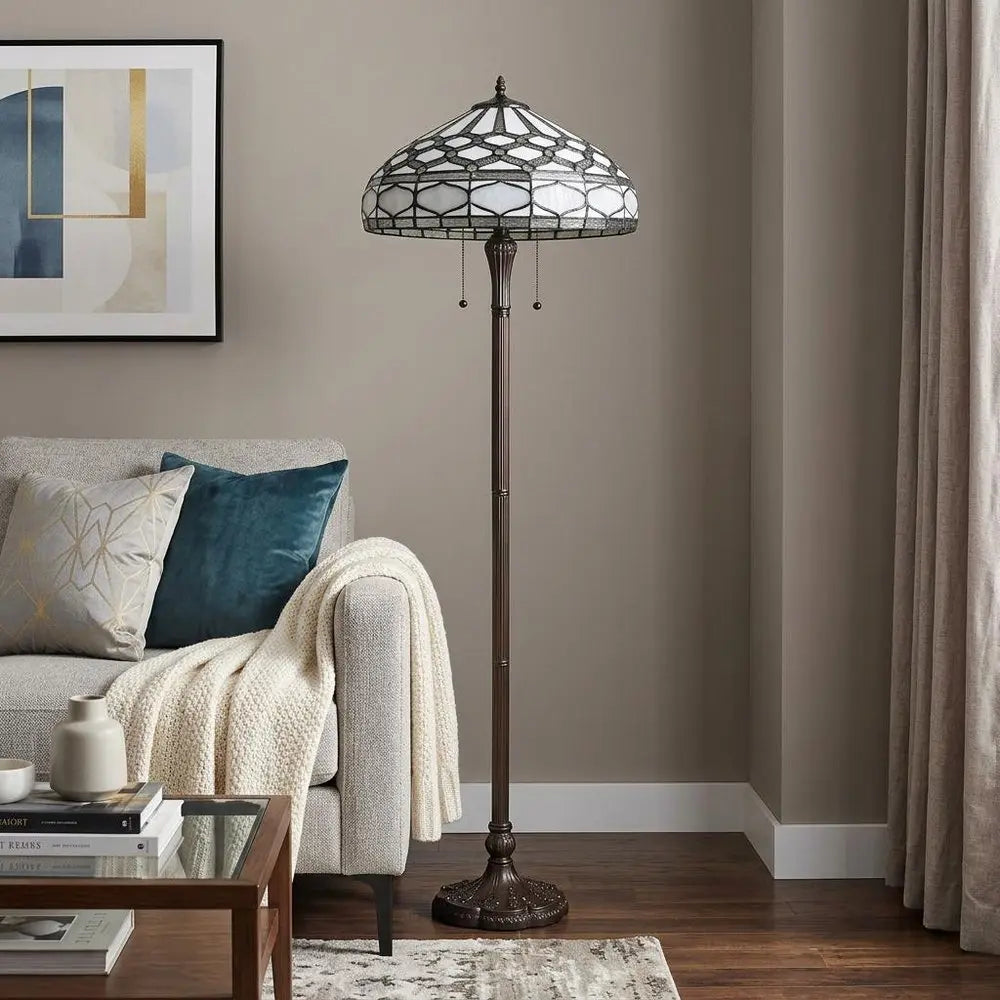 62" Brown And White Two Light Torchiere Floor Lamp With White Geometric Glass Dome Shade HomeRoots