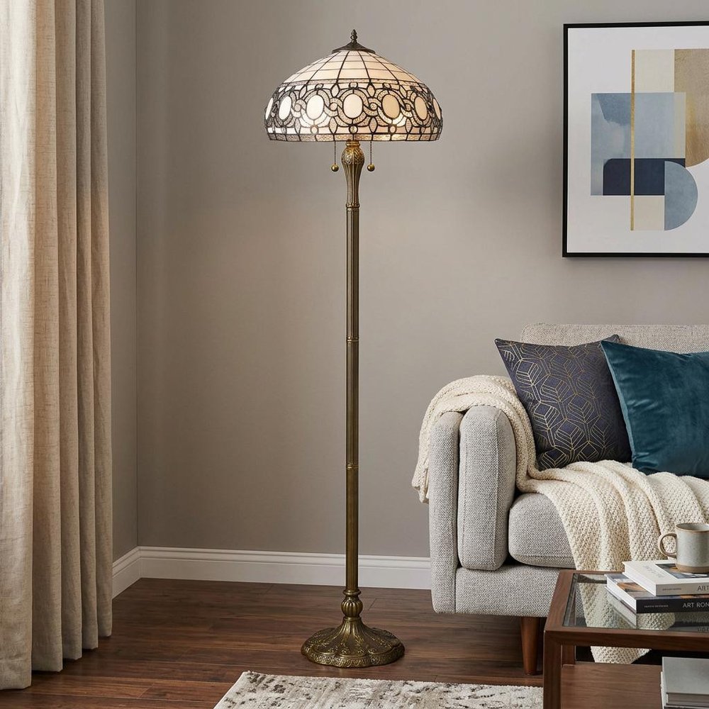 63" Brown Two Light Traditional Shaped Floor Lamp With White Stained Glass Bowl Shade HomeRoots