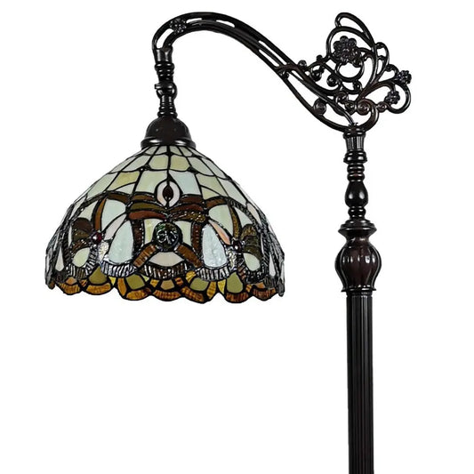62" Brown Metal Arched Floor Lamp With Amber and Red Flowers Stained Glass Shade HomeRoots