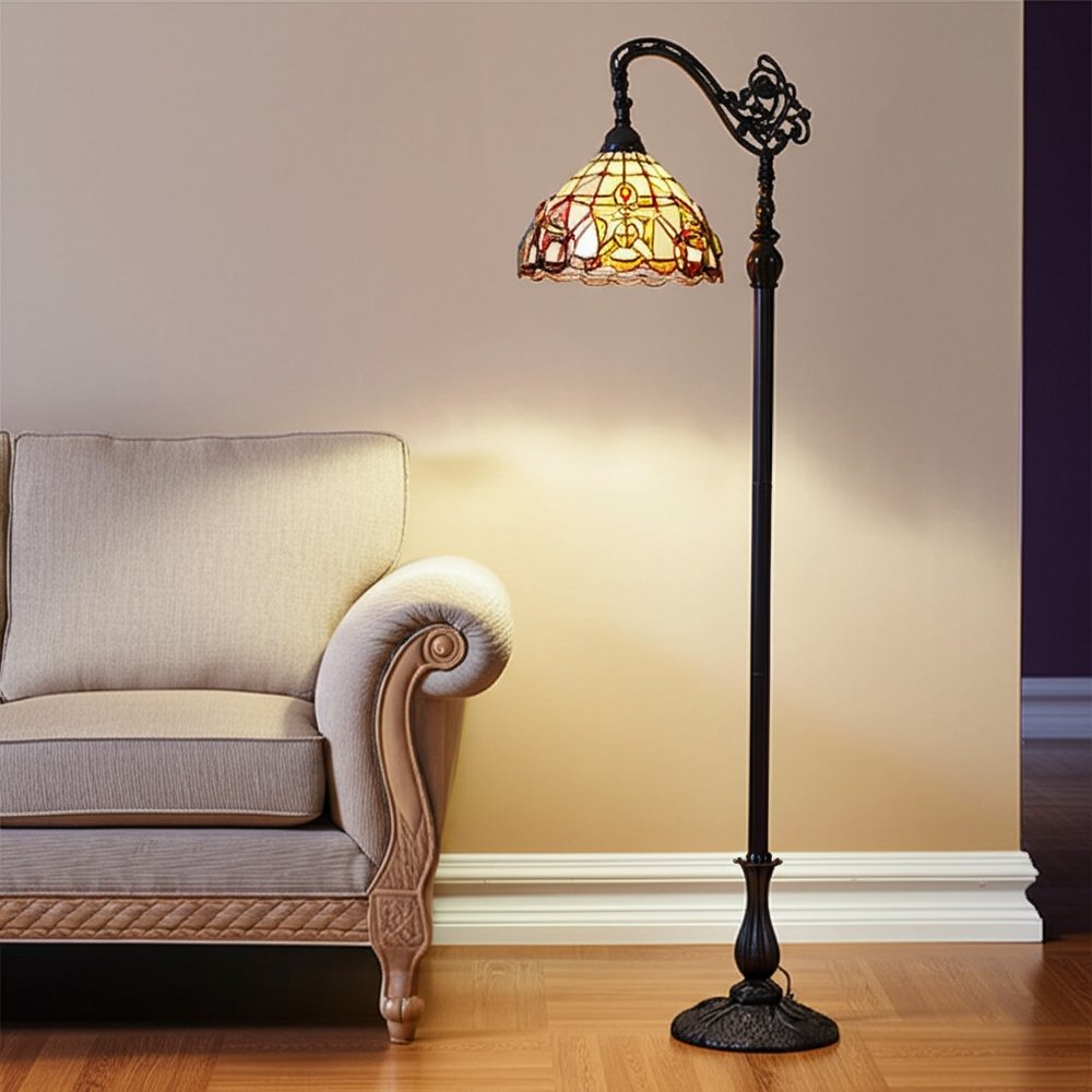 62" Brown Metal Arched Floor Lamp With Amber and Red Flowers Stained Glass Shade HomeRoots