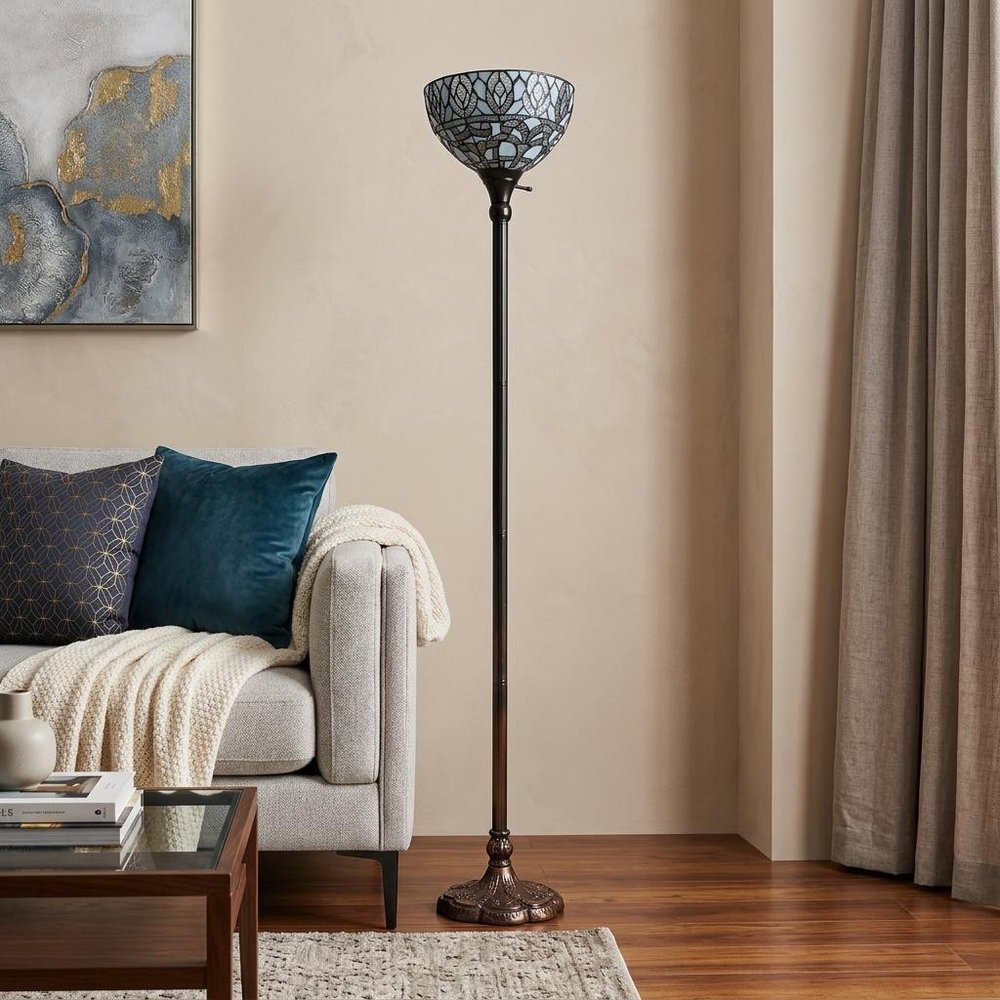 62" Brown And White Torchiere Floor Lamp With White Peacock Feather Glass Dome Shade HomeRoots