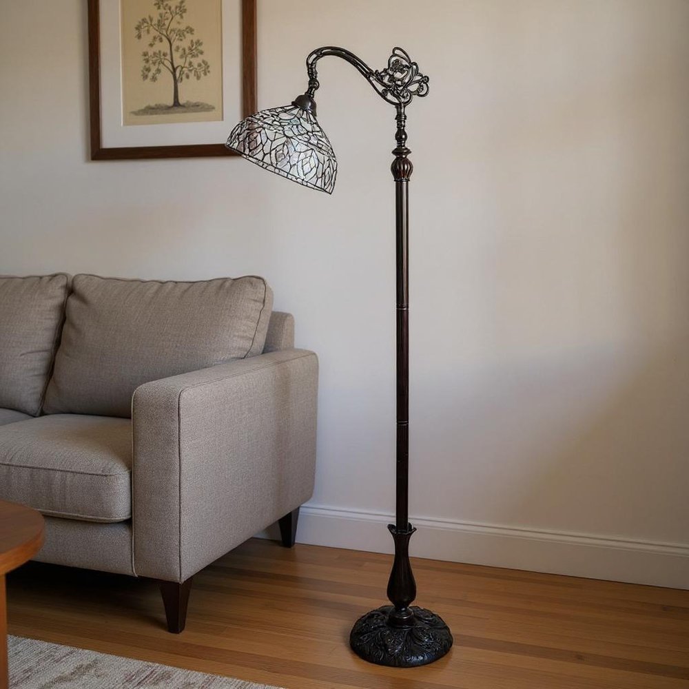 62" Brown And White Torchiere Floor Lamp With White Peacock Feather Glass Dome Shade HomeRoots