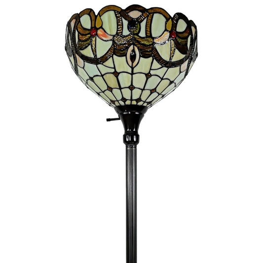 62" Beige Torchiere Floor Lamp With Red And White Flowers Glass Dome Shade HomeRoots
