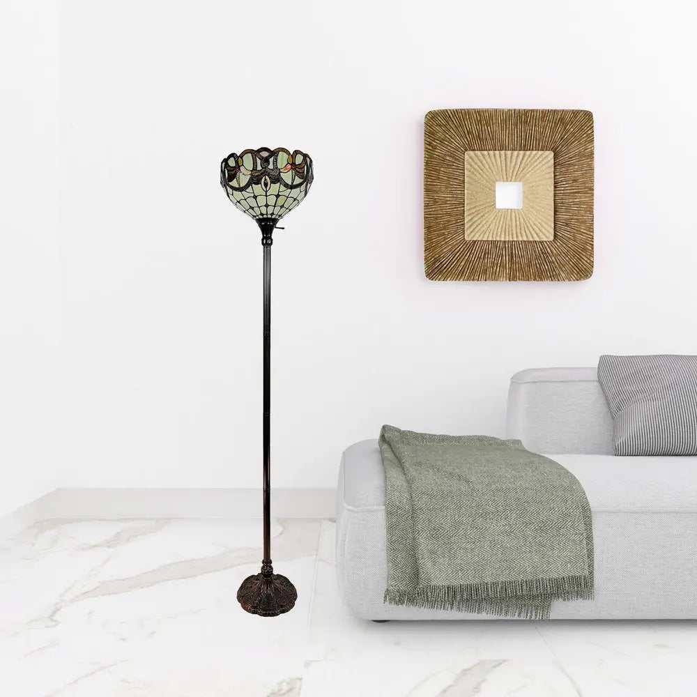 62" Beige Torchiere Floor Lamp With Red And White Flowers Glass Dome Shade HomeRoots