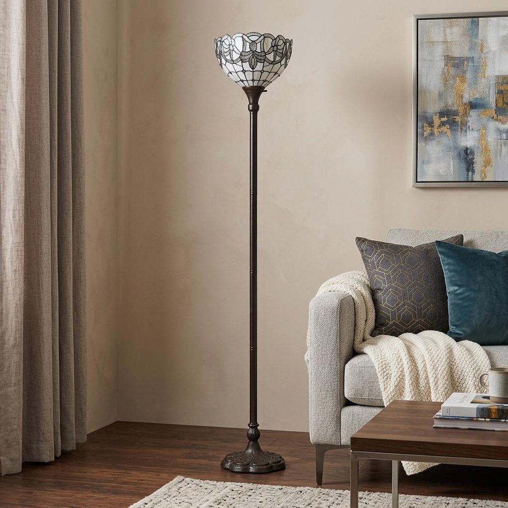 72" Brown And White Torchiere Floor Lamp With White Flowers Glass Dome Shade HomeRoots