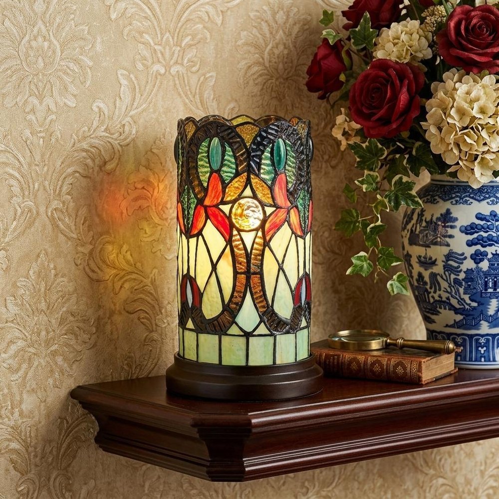11" Beige and Orange Mosaic Tile Stained Glass Accent Lamp HomeRoots