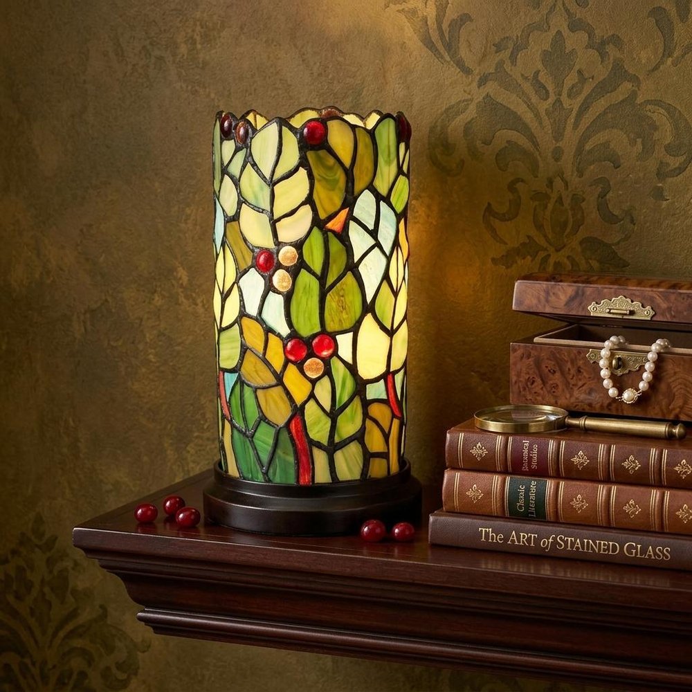 11" Green and Red Leaves and Berries Stained Glass Accent Lamp HomeRoots