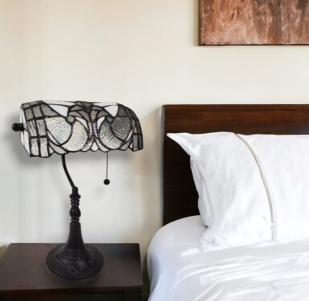 16" Dark Brown Table Lamp With White and Silver Shade HomeRoots