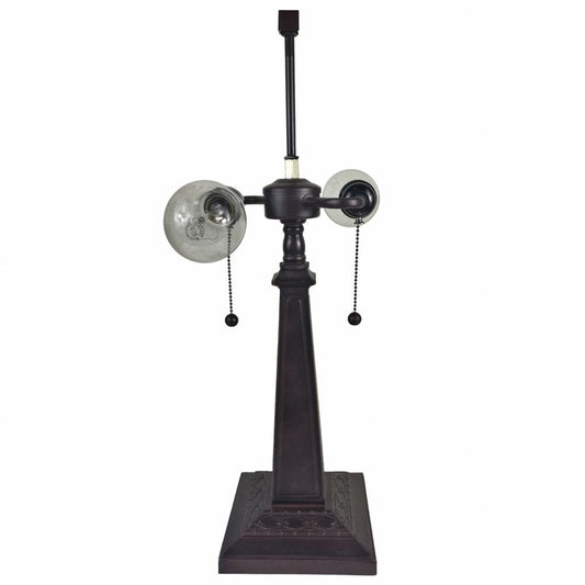 22" Dark Brown Metal Two Light Candlestick Table Lamp With Blue and Beige Shade HomeRoots
