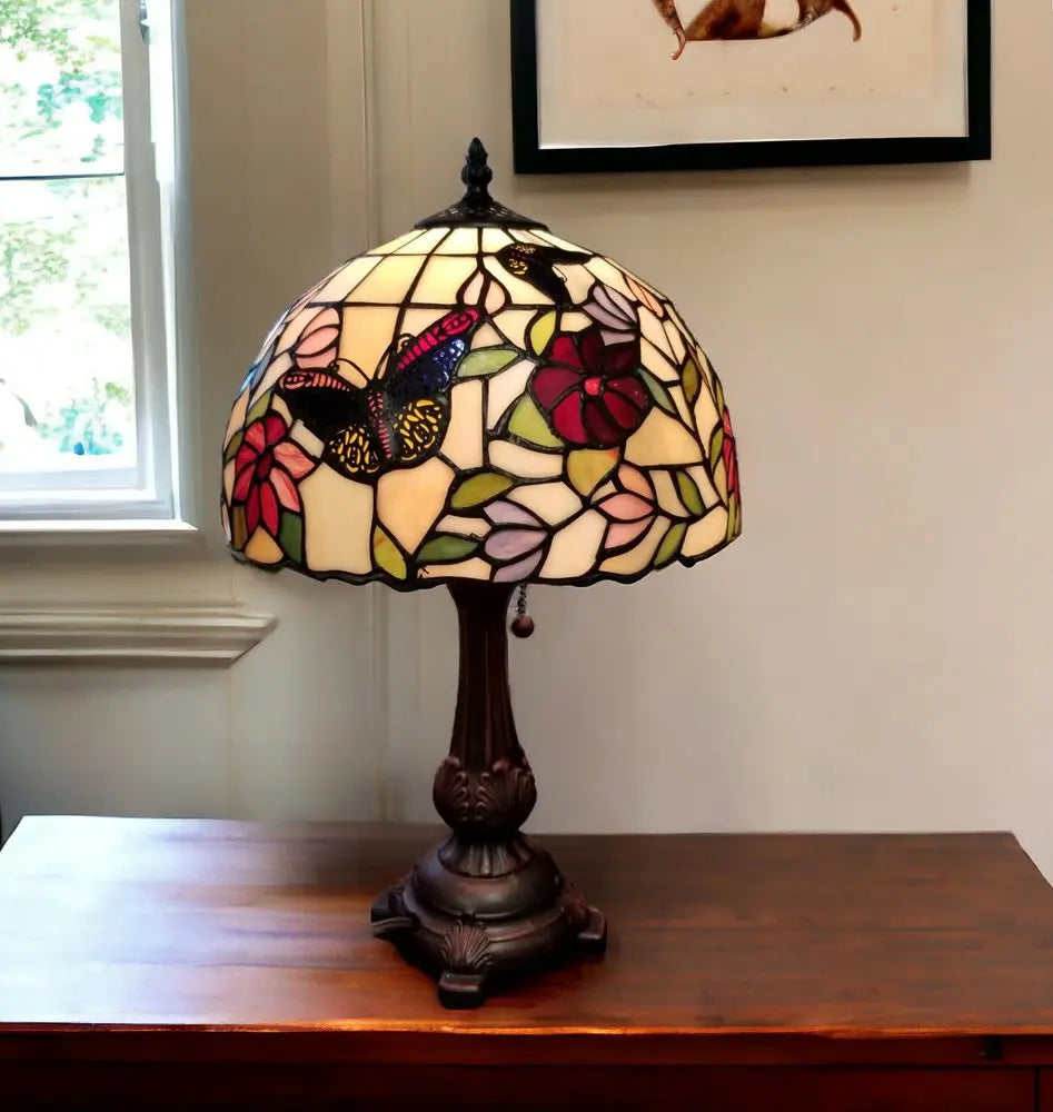 19" Dark Brown Metal Candlestick Table Lamp With Red and Black Dome Shade HomeRoots