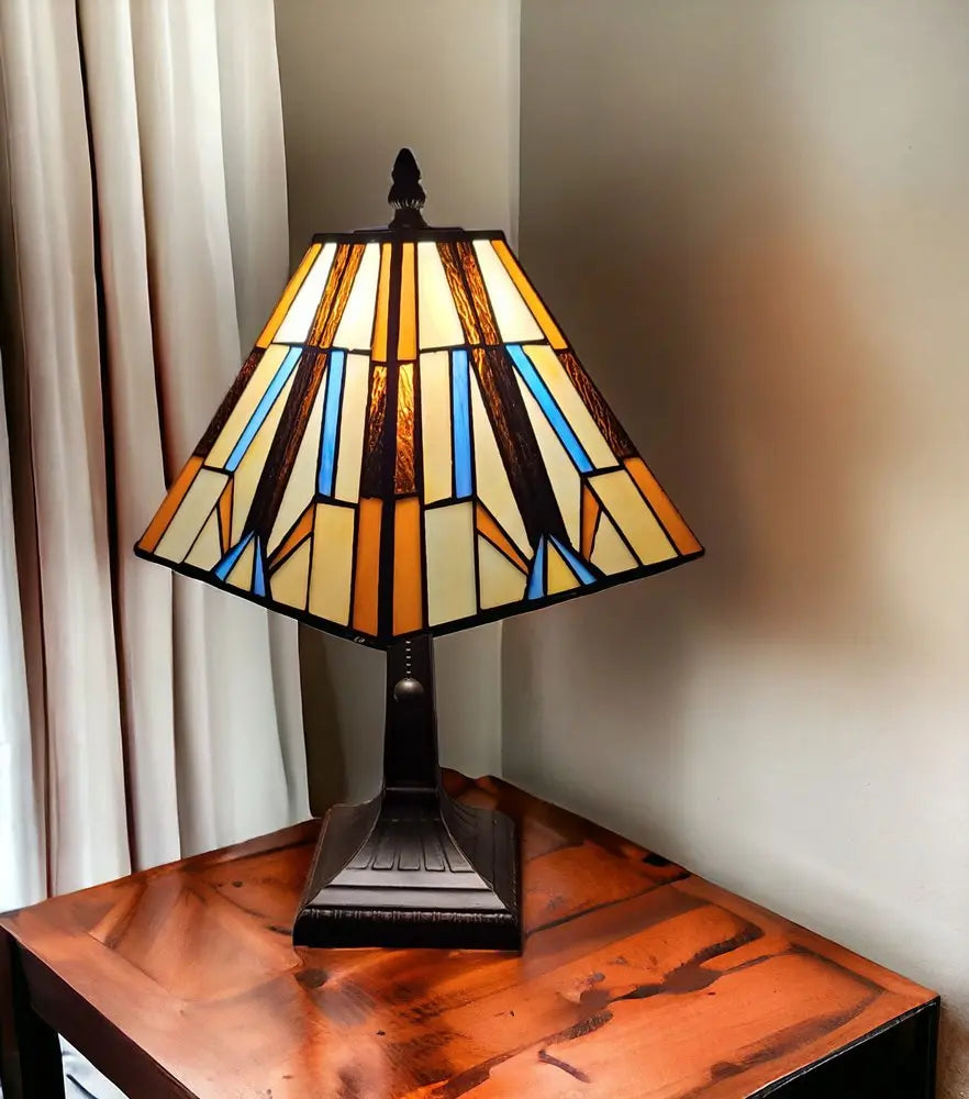 15" Dark Brown Metal Candlestick Table Lamp With Orange and Ivory Empire Shade HomeRoots
