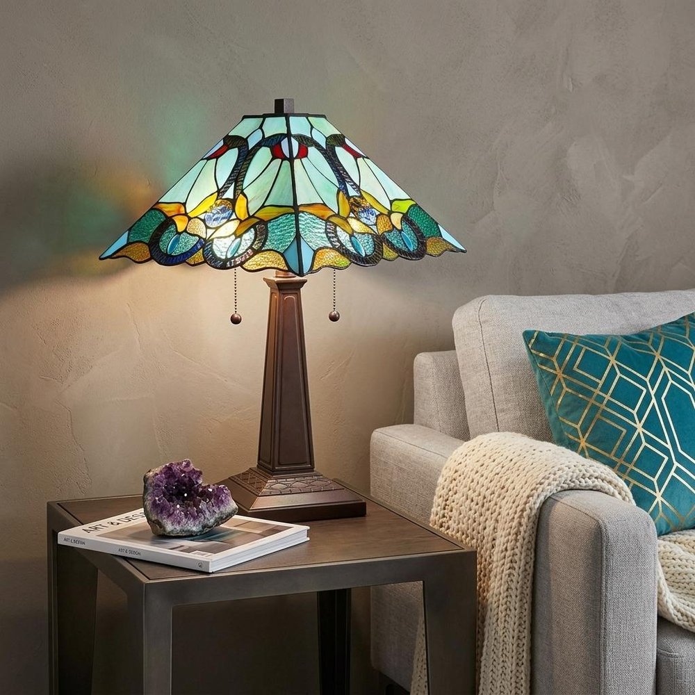 23" Dark Brown Metal Two Light Table Lamp With Blue and Green Cone Shade HomeRoots