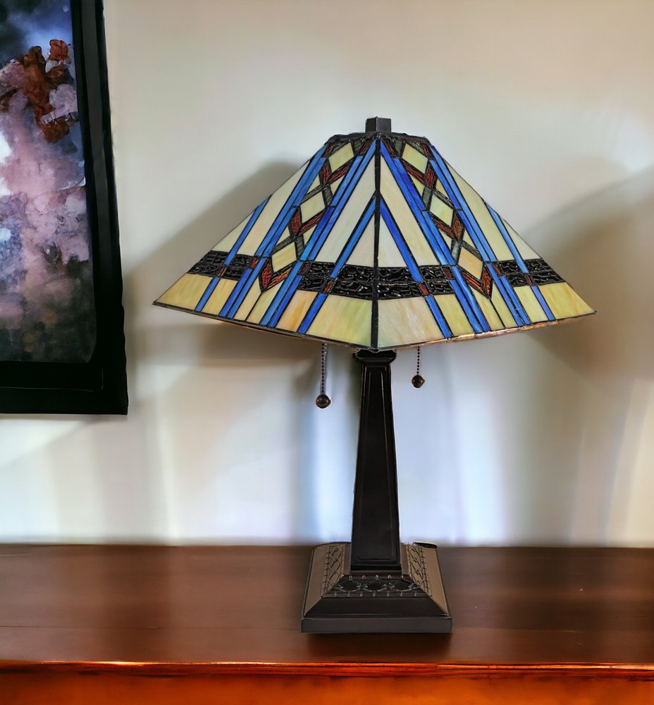 22" Dark Brown Metal Two Light Candlestick Table Lamp With Blue Empire Shade HomeRoots