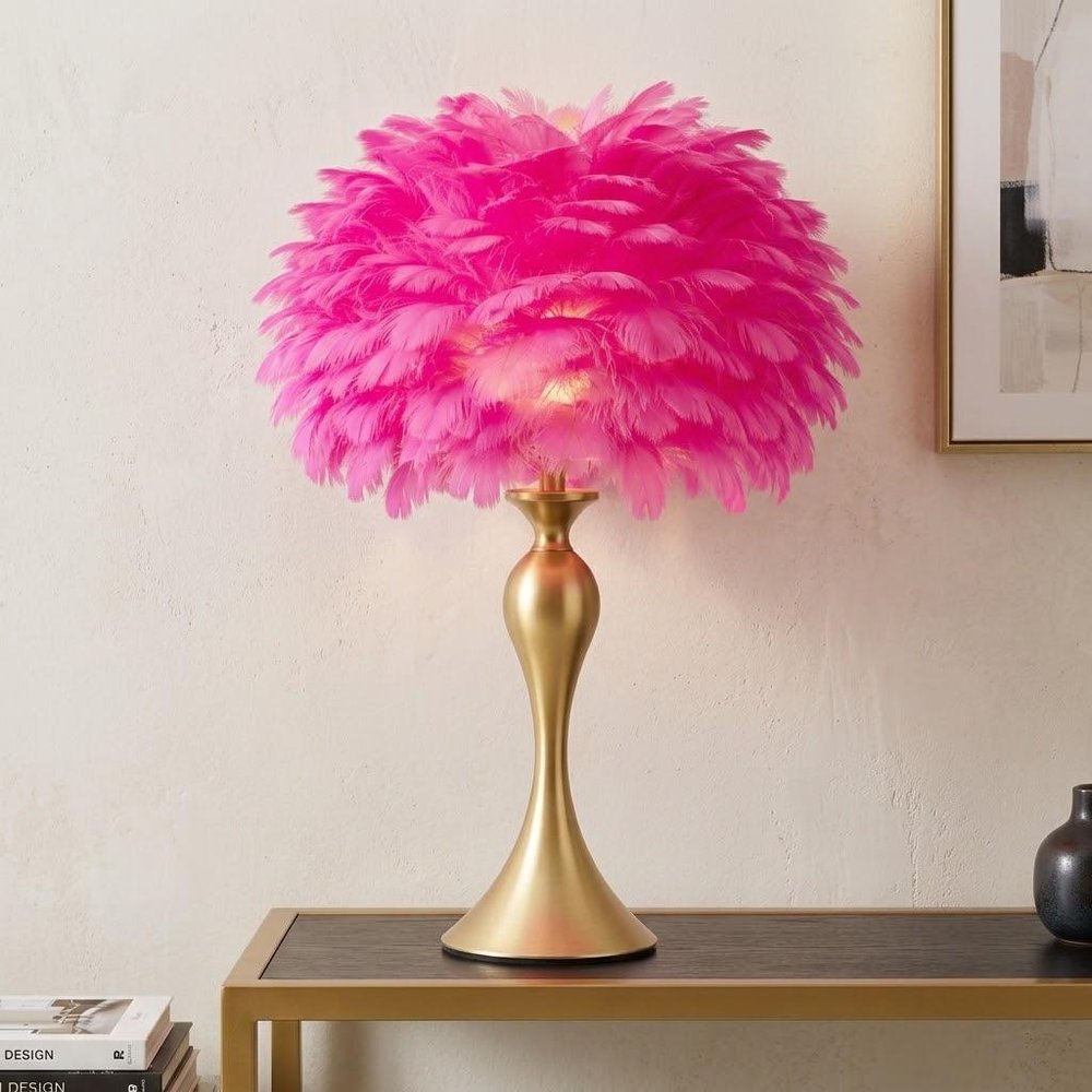 24" Glam Hot Pink Feather and Gold Table Lamp