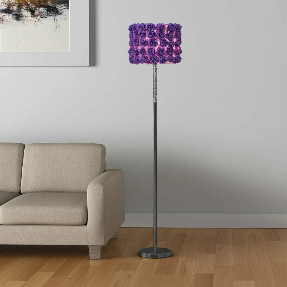63" Steel and Acrylic Floor Lamp With Yellow Flowers Fabric Drum Shade HomeRoots