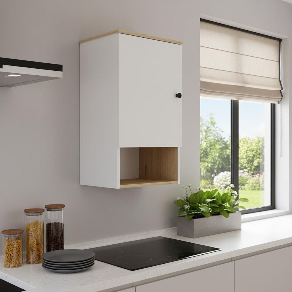 16" Light Oak And White Wall Mounted Cabinet With Three Shelves HomeRoots