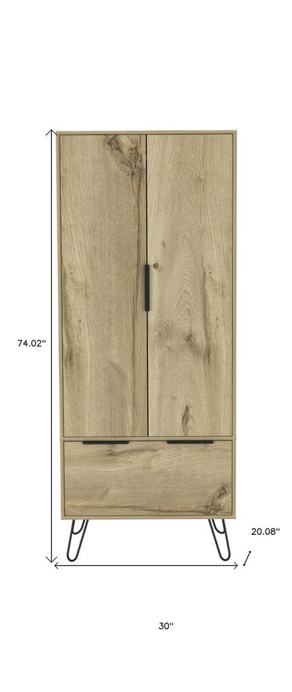 74" Oak Wood Two Door Single Drawer Combo Dresser HomeRoots