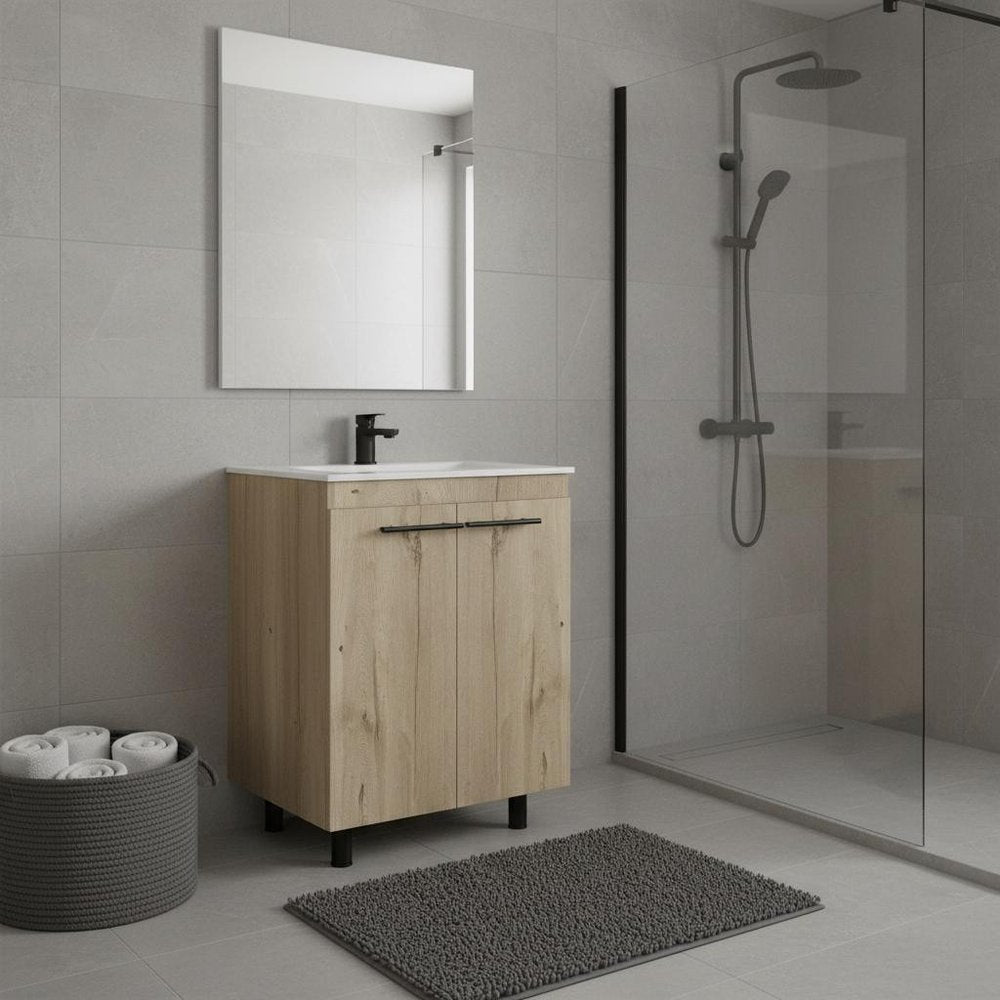 24" Oak Wood Freestanding Double Door Bathroom Vanity With White Sink HomeRoots