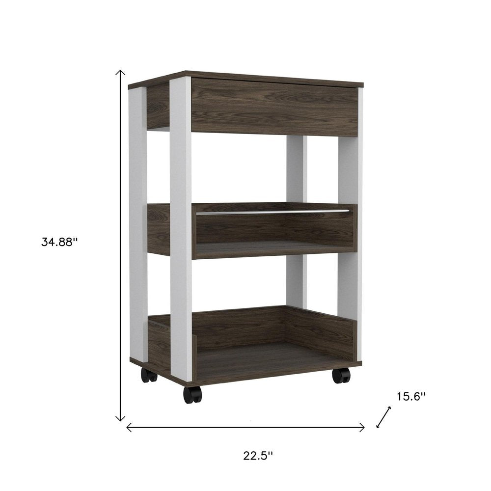 23" Dark Brown and White Wood Rolling Kitchen Cart With Storage HomeRoots