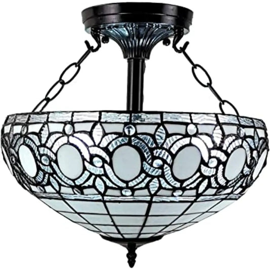 Blue and Black Tiffany Style Two Light Glass Dimmable Semi Flush Ceiling Light HomeRoots