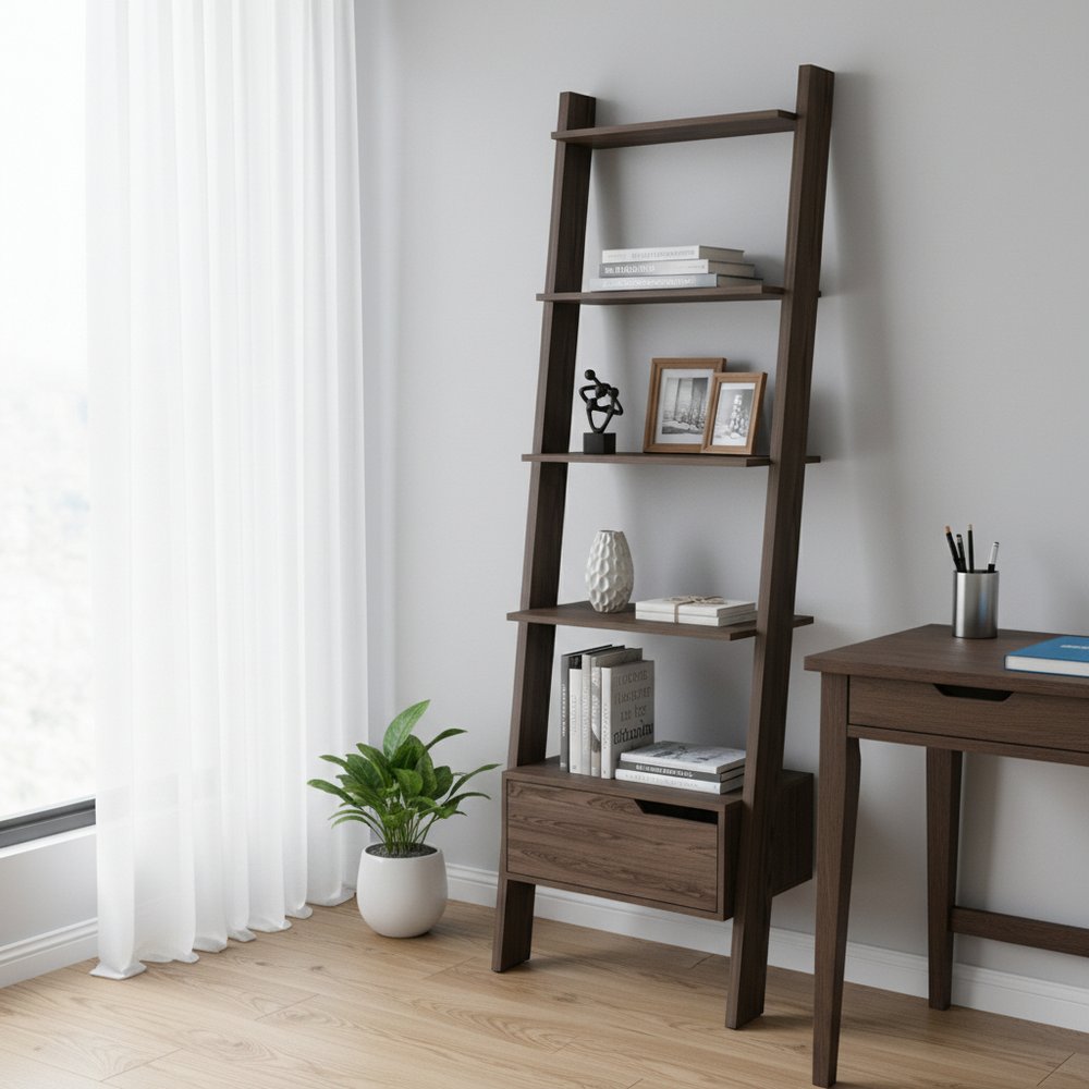 70" Brown Five Tier Ladder Bookcase with A Drawer HomeRoots
