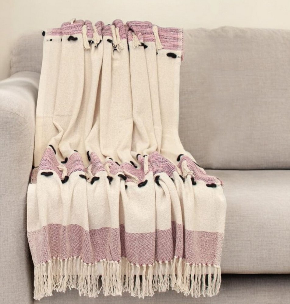 50" X 60" Purple and Ivory Woven Cotton Striped Throw Blanket with Tassels HomeRoots