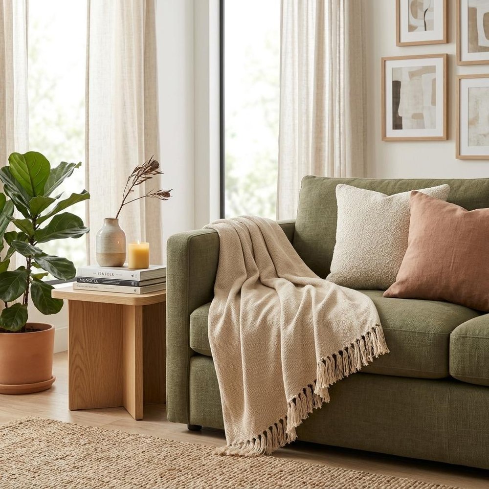 Beige Woven Cotton Abstract Throw Blanket HomeRoots