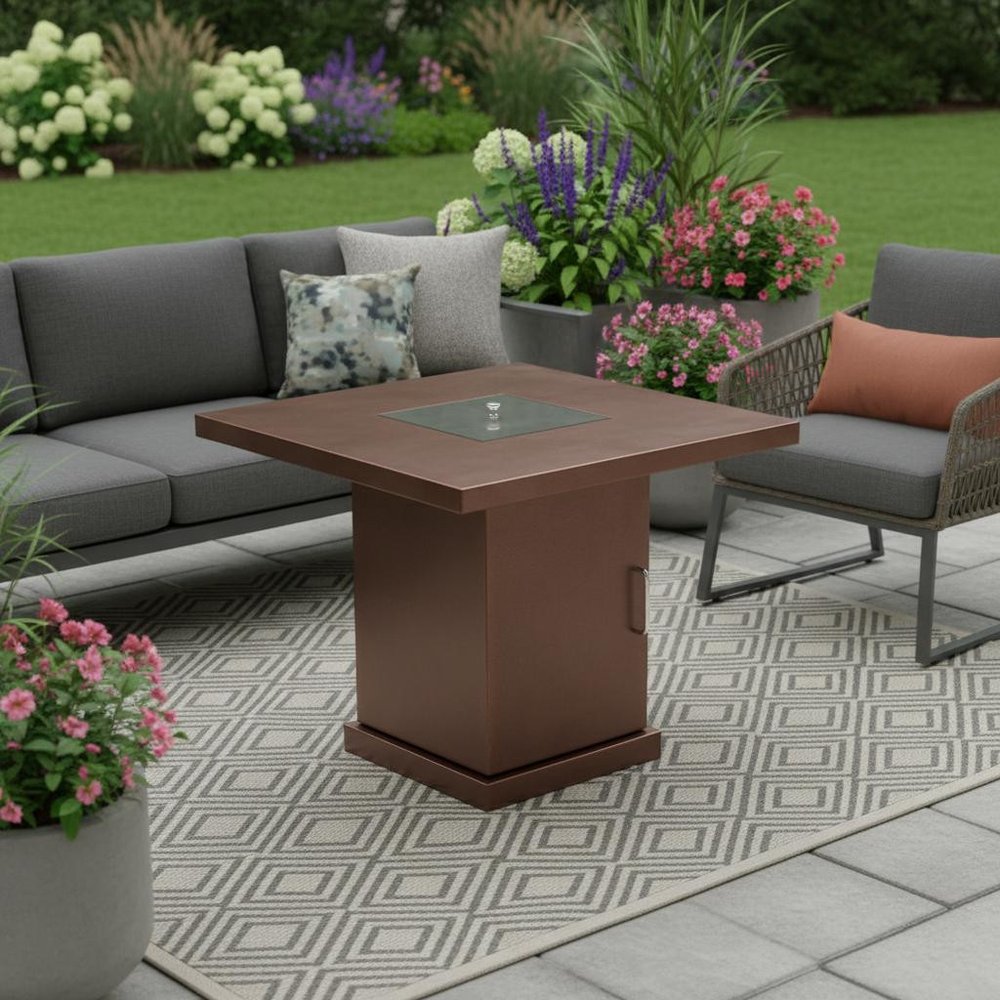 40000 BTU 30" Antiqued Bronze And Gold Steel Propane Square Fire Pit Table With Cover HomeRoots