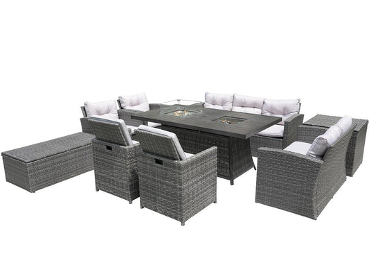 Nine Piece Gray Wicker Multiple Chairs Seating Group With Fire Pit And Table