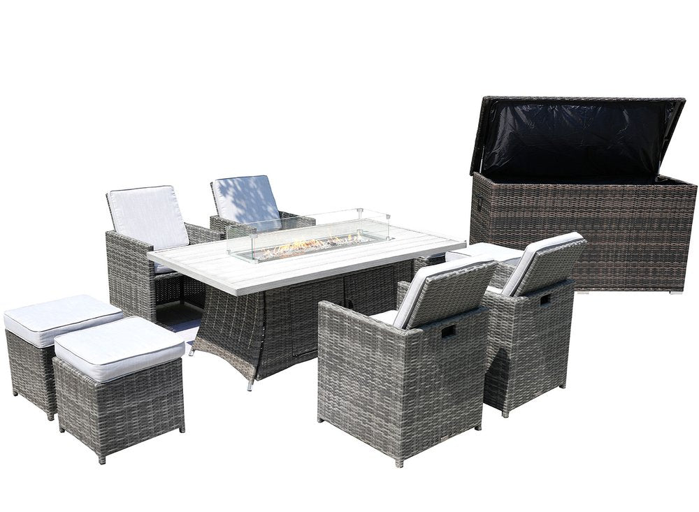 Ten Piece Outdoor Gray Wicker Multiple Chairs Seating Group Fire Pit Included with White Cushions HomeRoots