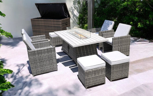 Ten Piece Outdoor Gray Wicker Multiple Chairs Seating Group Fire Pit Included with White Cushions HomeRoots
