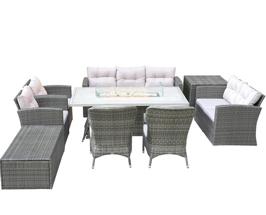 Nine Piece Gray Wicker Multiple Chairs Seating Group With Fire Pit And Table