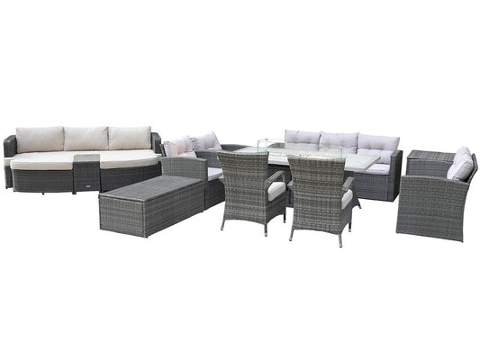 Eleven Piece Gray Wicker Multiple Chairs Seating Group With Fire Pit And Table