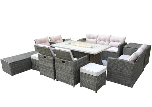 Eleven Piece Gray Wicker Multiple Chairs Seating Group With Fire Pit And Table