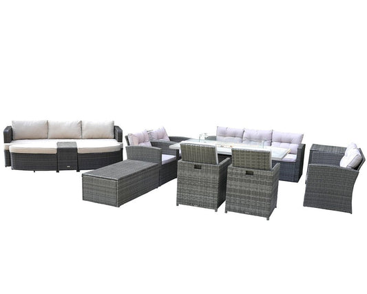 Eleven Piece Gray Wicker Multiple Chairs Seating Group With Fire Pit And Table