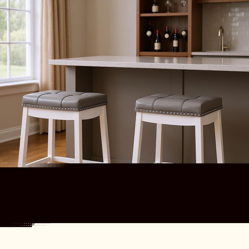 Set of Two 30" Gray and White Faux Leather and Solid Wood Backless Bar Height Bar Chairs HomeRoots
