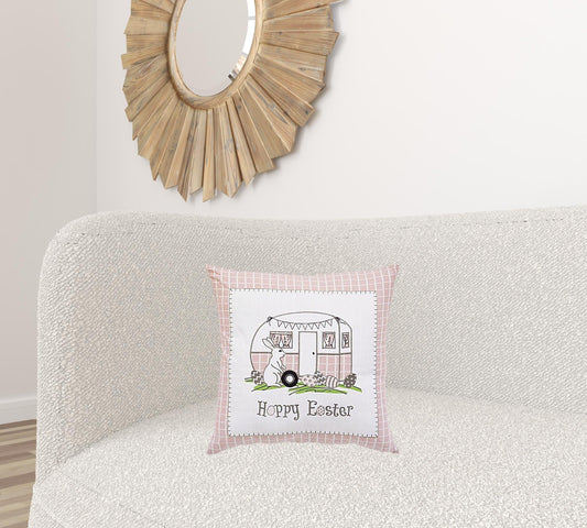 17" X 17" Light Pink Checkered Easter Bunny Camper Throw Pillow FurniFindUSA
