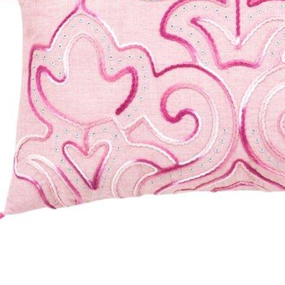 13" X 20" Pink Embroidered Damask Throw Pillow With Tassels FurniFindUSA
