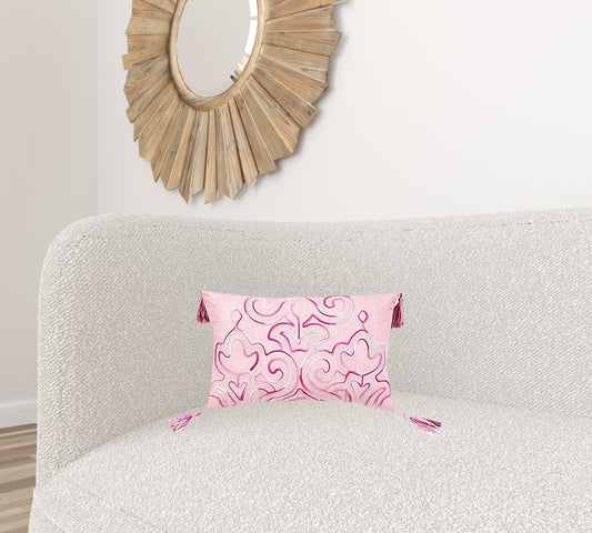 13" X 20" Pink Embroidered Damask Throw Pillow With Tassels FurniFindUSA