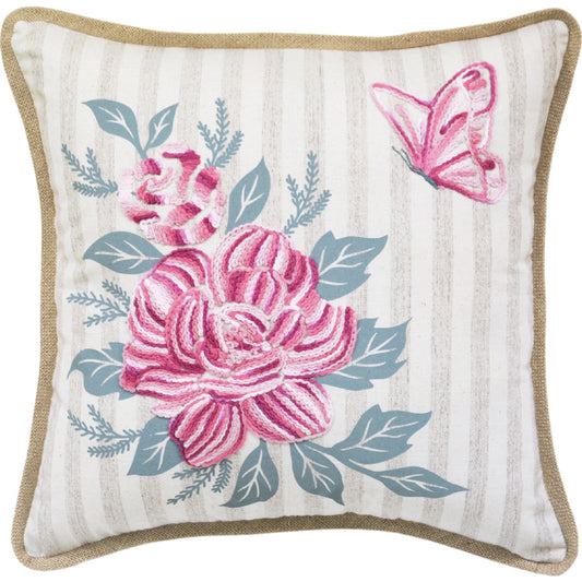 17" X 17" Pink Embroidered Floral and Butterfly with Burlap Throw Pillow FurniFindUSA