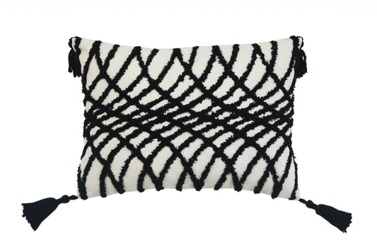 13" X 18" Black And White Geometric Zippered Polyester And Cotton Blend Throw Pillow With Tassels FurniFindUSA