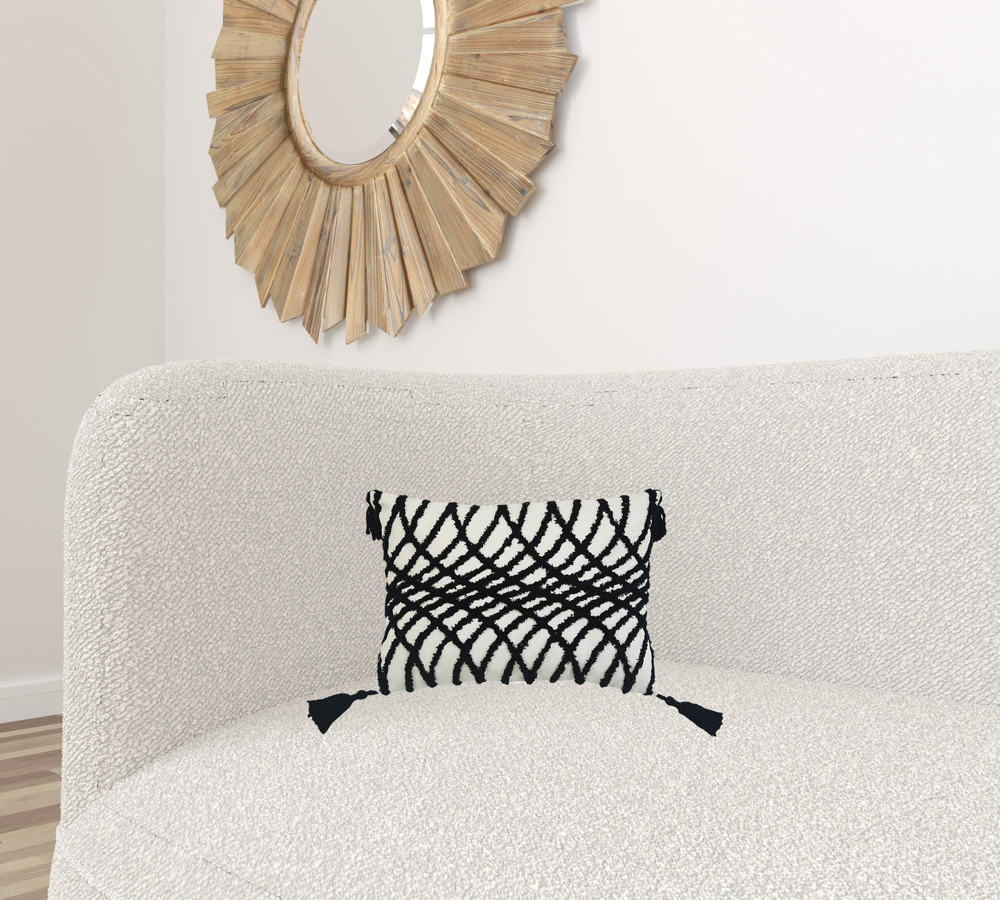 13" X 18" Black And White Geometric Zippered Polyester And Cotton Blend Throw Pillow With Tassels FurniFindUSA