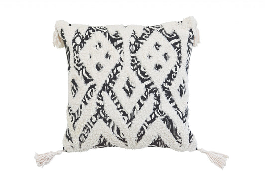 18" X 18" Black And White Ikat Zippered Polyester And Cotton Blend Throw Pillow With Tassels FurniFindUSA