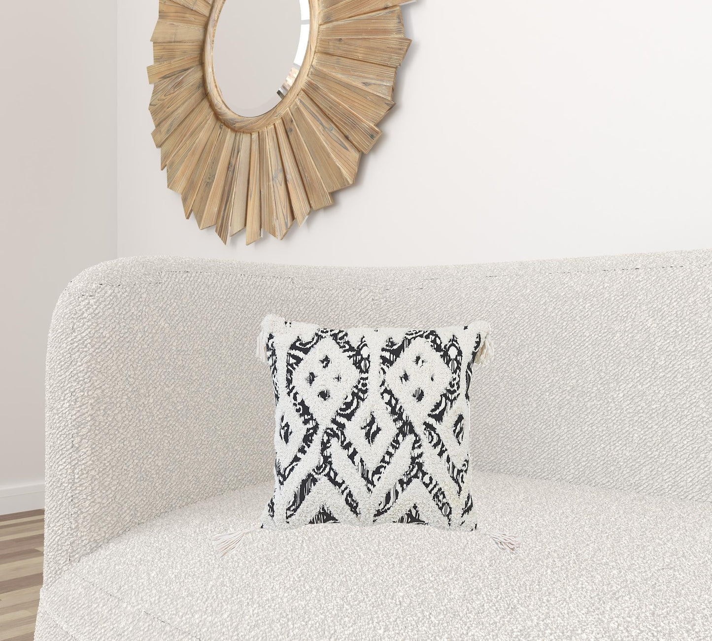 18" X 18" Black And White Ikat Zippered Polyester And Cotton Blend Throw Pillow With Tassels FurniFindUSA