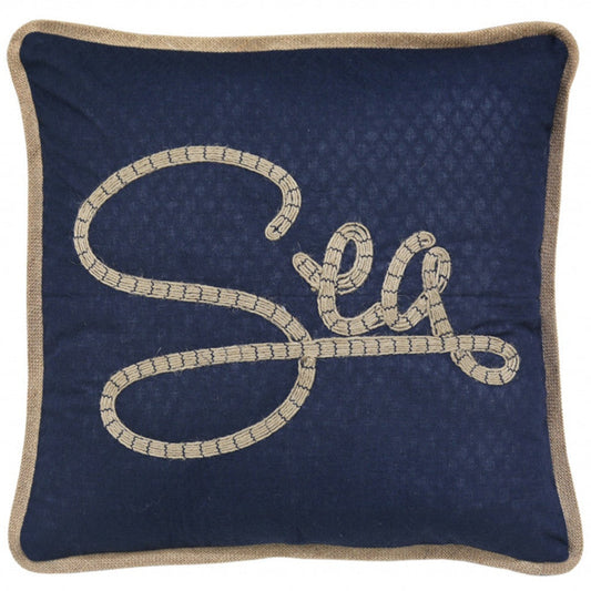 17" X 17" Navy Blue And Brown Text Zippered Polyester And Burlap Blend Throw Pillow With Embroidery FurniFindUSA