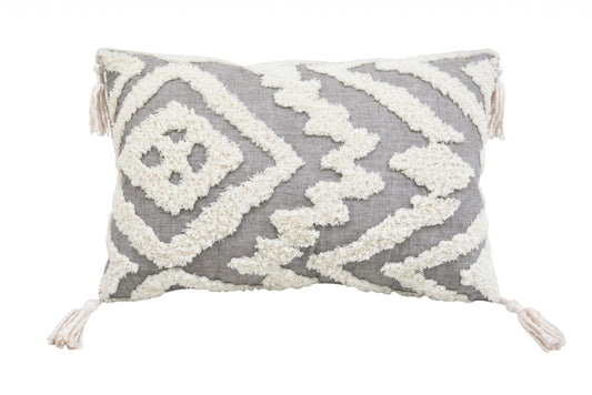 13" X 20" Grey And White Abstract Zippered Polyester Throw Pillow With Tassels FurniFindUSA