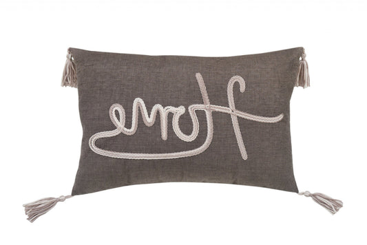 13" X 20" GreyTaupe And White Text Zippered Polyester Throw Pillow With Tassels FurniFindUSA