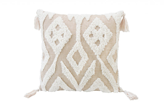 17" X 17" Beige And White Ikat Zippered Polyester Throw Pillow With Tassels FurniFindUSA