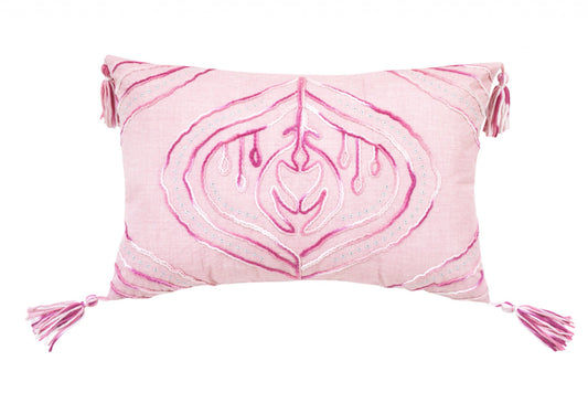 13" X 20" Pink White And Silver Abstract Zippered Polyester Throw Pillow With Tassels FurniFindUSA