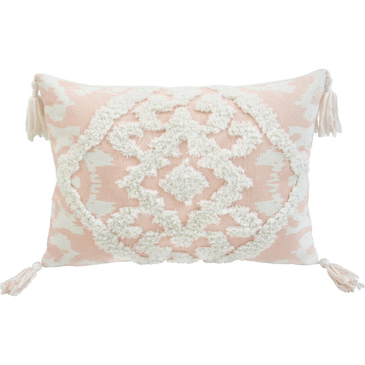 13" X 18" Peach and White Polyester and Cotton Blend Throw Pillow With Tassels FurniFindUSA